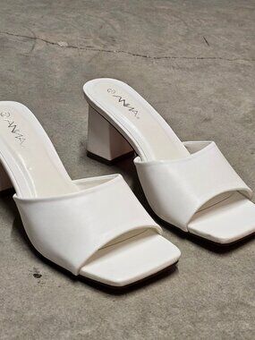 White Block Heel Mules With Open Square Toe Womens Heeled Sandals